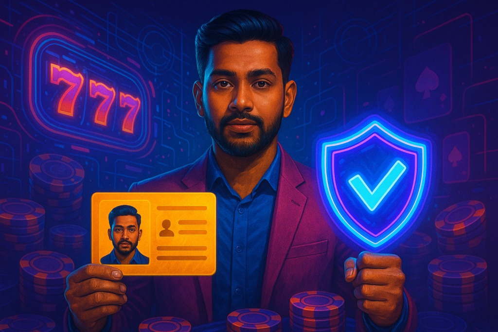 একজন আত্মবিশ্বাসী বাংলাদেশি পুরুষ একটি সোনালি পরিচয়পত্র এবং একটি নীল নিয়ন টিক চিহ্নযুক্ত ঢাল ধরে আছেন, একটি ভবিষ্যতধর্মী ক্যাসিনো পরিবেশে।